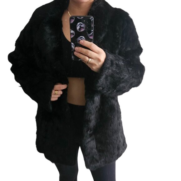 GLAMOROUS BLACK REAL LAPIN LUXURY COAT - Picture 1 of 4